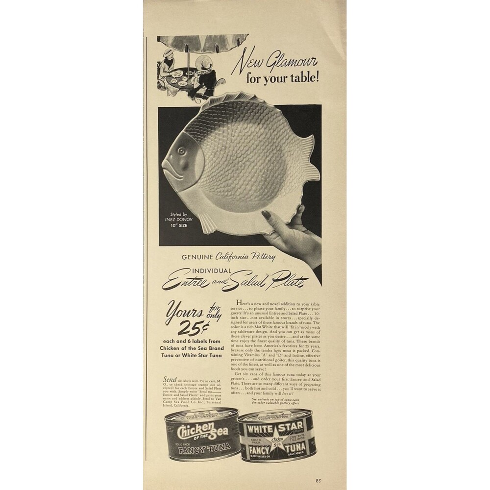 White Star & Chicken of the Sea Tuna "California Pottery 25 Cents" Print Ad 1941